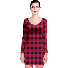 Dark Pink Black Buffalo Plaid Long Sleeve Velvet Bodycon Dress by SpinnyChairDesigns