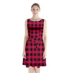 Dark Pink Black Buffalo Plaid Sleeveless Waist Tie Chiffon Dress by SpinnyChairDesigns