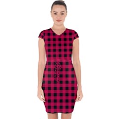 Dark Pink Black Buffalo Plaid Capsleeve Drawstring Dress  by SpinnyChairDesigns