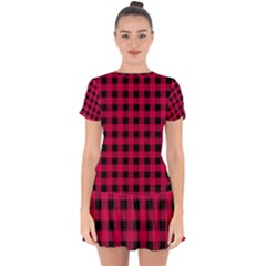 Dark Pink Black Buffalo Plaid Drop Hem Mini Chiffon Dress by SpinnyChairDesigns