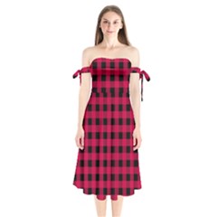 Dark Pink Black Buffalo Plaid Shoulder Tie Bardot Midi Dress by SpinnyChairDesigns