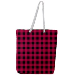 Dark Pink Black Buffalo Plaid Full Print Rope Handle Tote (large) by SpinnyChairDesigns