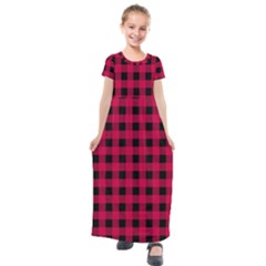 Dark Pink Black Buffalo Plaid Kids  Short Sleeve Maxi Dress by SpinnyChairDesigns