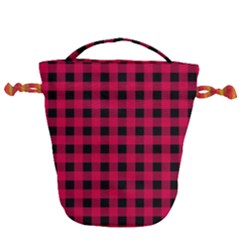 Dark Pink Black Buffalo Plaid Drawstring Bucket Bag by SpinnyChairDesigns