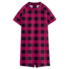 Dark Pink Black Buffalo Plaid Kids  Boyleg Half Suit Swimwear by SpinnyChairDesigns