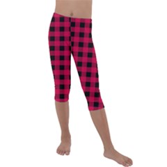 Dark Pink Black Buffalo Plaid Kids  Lightweight Velour Capri Leggings  by SpinnyChairDesigns