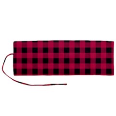 Dark Pink Black Buffalo Plaid Roll Up Canvas Pencil Holder (m) by SpinnyChairDesigns