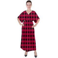 Dark Pink Black Buffalo Plaid V-neck Boho Style Maxi Dress by SpinnyChairDesigns