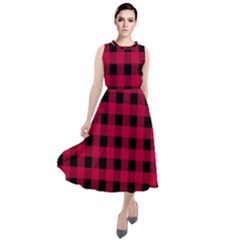 Dark Pink Black Buffalo Plaid Round Neck Boho Dress by SpinnyChairDesigns