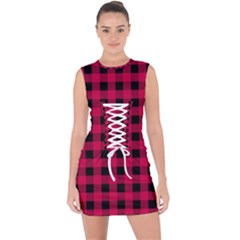 Dark Pink Black Buffalo Plaid Lace Up Front Bodycon Dress by SpinnyChairDesigns