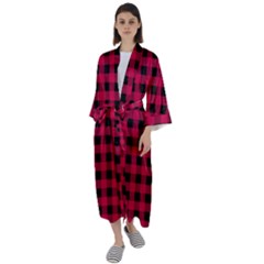 Dark Pink Black Buffalo Plaid Maxi Satin Kimono