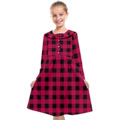 Dark Pink Black Buffalo Plaid Kids  Midi Sailor Dress by SpinnyChairDesigns