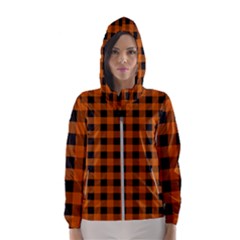 Orange Black Buffalo Plaid Women s Hooded Windbreaker by SpinnyChairDesigns