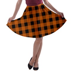 Orange Black Buffalo Plaid A-line Skater Skirt by SpinnyChairDesigns