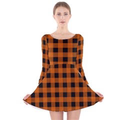 Orange Black Buffalo Plaid Long Sleeve Velvet Skater Dress by SpinnyChairDesigns