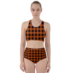 Orange Black Buffalo Plaid Racer Back Bikini Set by SpinnyChairDesigns