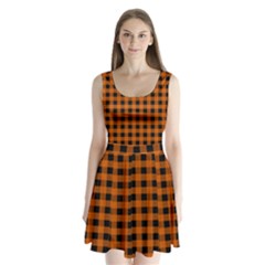 Orange Black Buffalo Plaid Split Back Mini Dress  by SpinnyChairDesigns