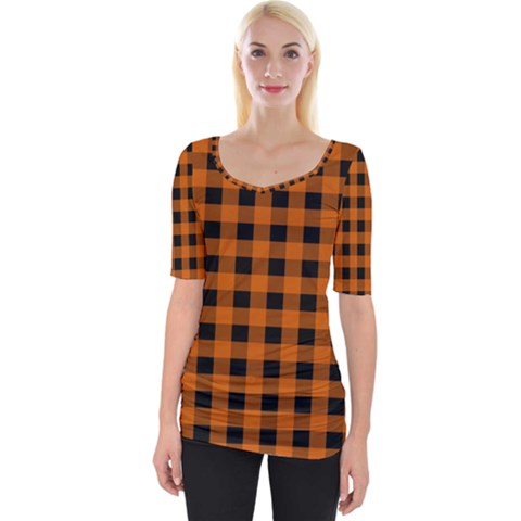 Orange Black Buffalo Plaid Wide Neckline Tee by SpinnyChairDesigns