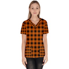 Orange Black Buffalo Plaid Women s V-neck Scrub Top by SpinnyChairDesigns