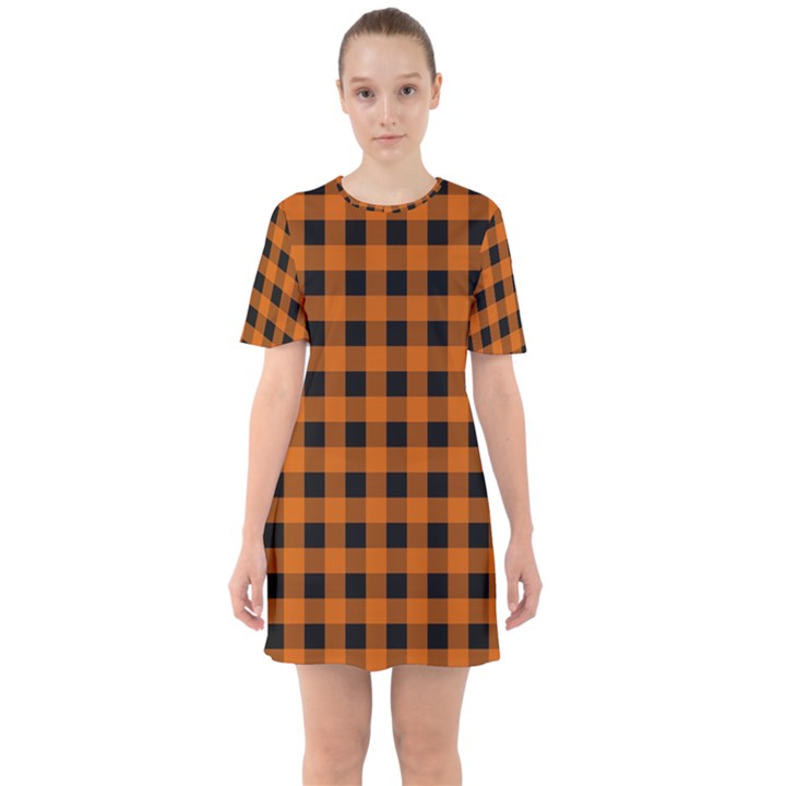 Orange Black Buffalo Plaid Sixties Short Sleeve Mini Dress