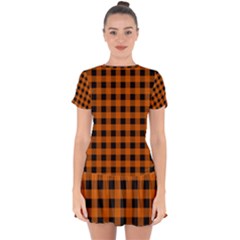 Orange Black Buffalo Plaid Drop Hem Mini Chiffon Dress by SpinnyChairDesigns