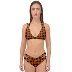 Orange Black Buffalo Plaid Double Strap Halter Bikini Set by SpinnyChairDesigns