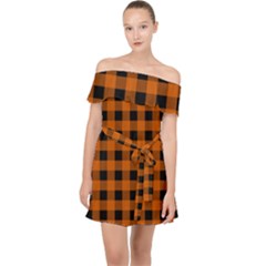 Orange Black Buffalo Plaid Off Shoulder Chiffon Dress by SpinnyChairDesigns