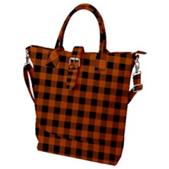 Orange Black Buffalo Plaid Buckle Top Tote Bag by SpinnyChairDesigns