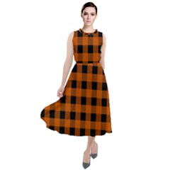 Orange Black Buffalo Plaid Round Neck Boho Dress by SpinnyChairDesigns