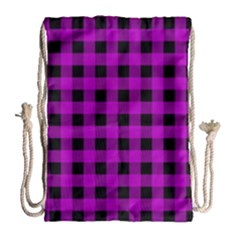 Purple Black Buffalo Plaid Drawstring Bag (large) by SpinnyChairDesigns