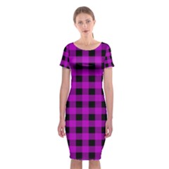 Purple Black Buffalo Plaid Classic Short Sleeve Midi Dress by SpinnyChairDesigns