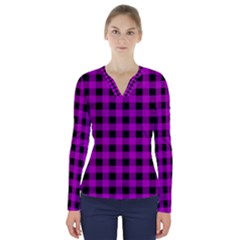 Purple Black Buffalo Plaid V-neck Long Sleeve Top by SpinnyChairDesigns