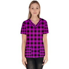 Purple Black Buffalo Plaid Women s V-neck Scrub Top by SpinnyChairDesigns