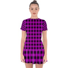 Purple Black Buffalo Plaid Drop Hem Mini Chiffon Dress by SpinnyChairDesigns