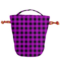 Purple Black Buffalo Plaid Drawstring Bucket Bag by SpinnyChairDesigns