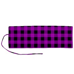 Purple Black Buffalo Plaid Roll Up Canvas Pencil Holder (m) by SpinnyChairDesigns