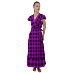 Purple Black Buffalo Plaid Flutter Sleeve Maxi Dress by SpinnyChairDesigns