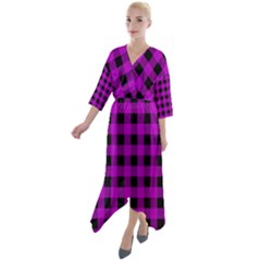 Purple Black Buffalo Plaid Quarter Sleeve Wrap Front Maxi Dress by SpinnyChairDesigns