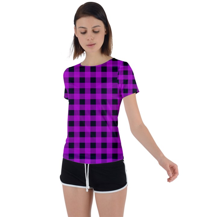 Purple Black Buffalo Plaid Back Circle Cutout Sports Tee