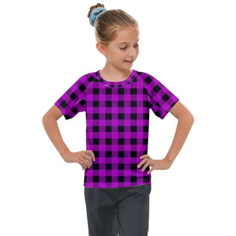 Purple Black Buffalo Plaid Kids  Mesh Piece Tee by SpinnyChairDesigns