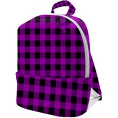 Purple Black Buffalo Plaid Zip Up Backpack by SpinnyChairDesigns