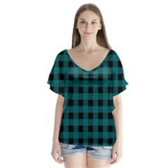 Teal Black Buffalo Plaid V-neck Flutter Sleeve Top by SpinnyChairDesigns