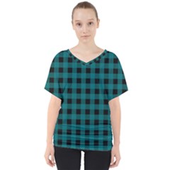 Teal Black Buffalo Plaid V-neck Dolman Drape Top by SpinnyChairDesigns