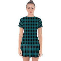 Teal Black Buffalo Plaid Drop Hem Mini Chiffon Dress by SpinnyChairDesigns