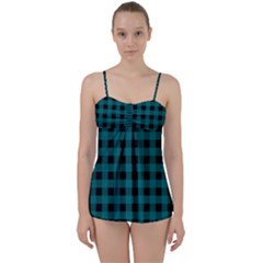 Teal Black Buffalo Plaid Babydoll Tankini Set by SpinnyChairDesigns