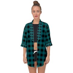 Teal Black Buffalo Plaid Open Front Chiffon Kimono by SpinnyChairDesigns