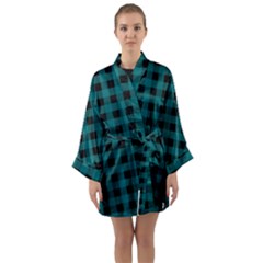 Teal Black Buffalo Plaid Long Sleeve Satin Kimono by SpinnyChairDesigns