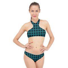 Teal Black Buffalo Plaid High Neck Bikini Set by SpinnyChairDesigns