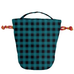 Teal Black Buffalo Plaid Drawstring Bucket Bag by SpinnyChairDesigns