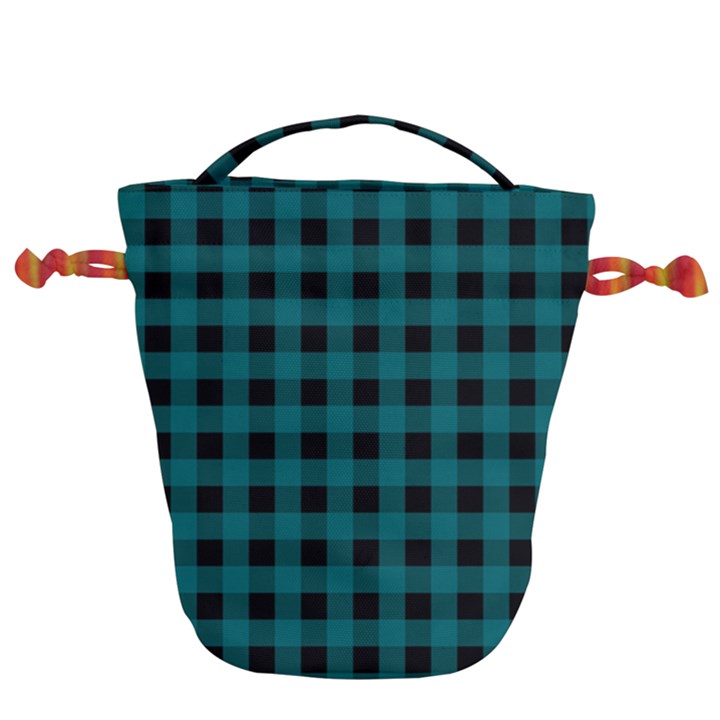 Teal Black Buffalo Plaid Drawstring Bucket Bag